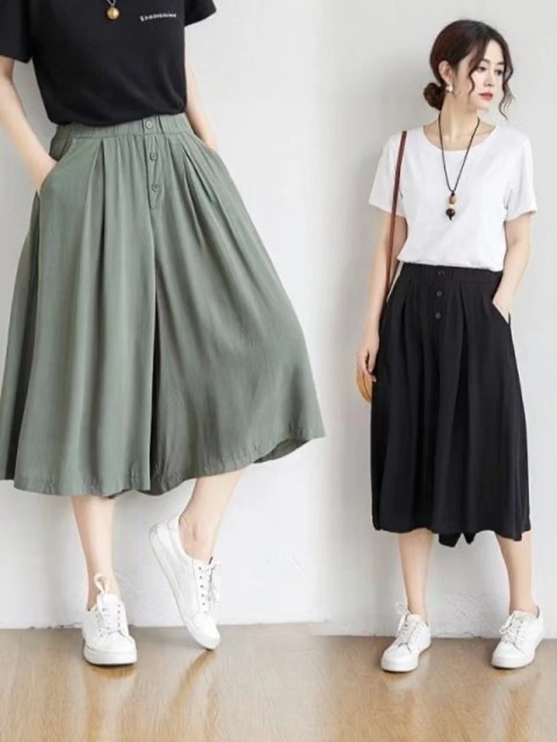 

Simple Color Summer Loose Lantern Casual Pants Wide Leg Female Style Elastic Waist plus Size Seven-Foot Wide Pants
