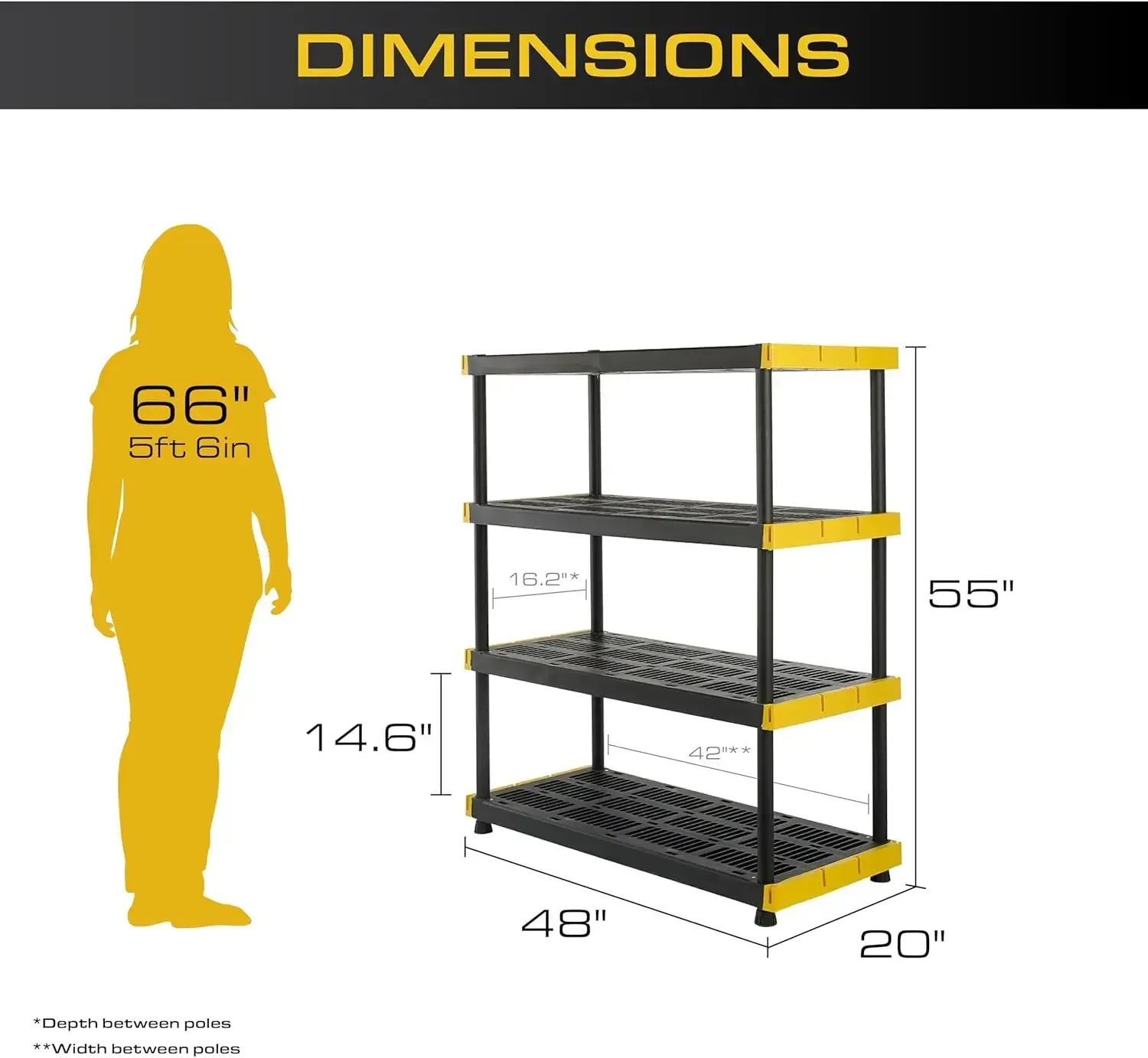 CX Black & Yellow, 4-Tier Heavy Duty Plastic Storage Shelves that Support up to 200lbs/shelf, Organization and Storage, Weather-