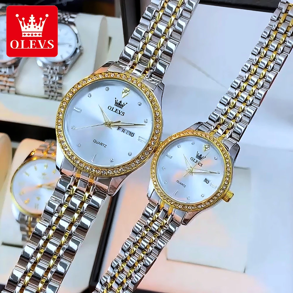OLEVS Couple Watches Top Brand Luxury Fashion Zircon Bezel Original Quartz Wristwatch Waterproof Luminous Date Week 3625 New