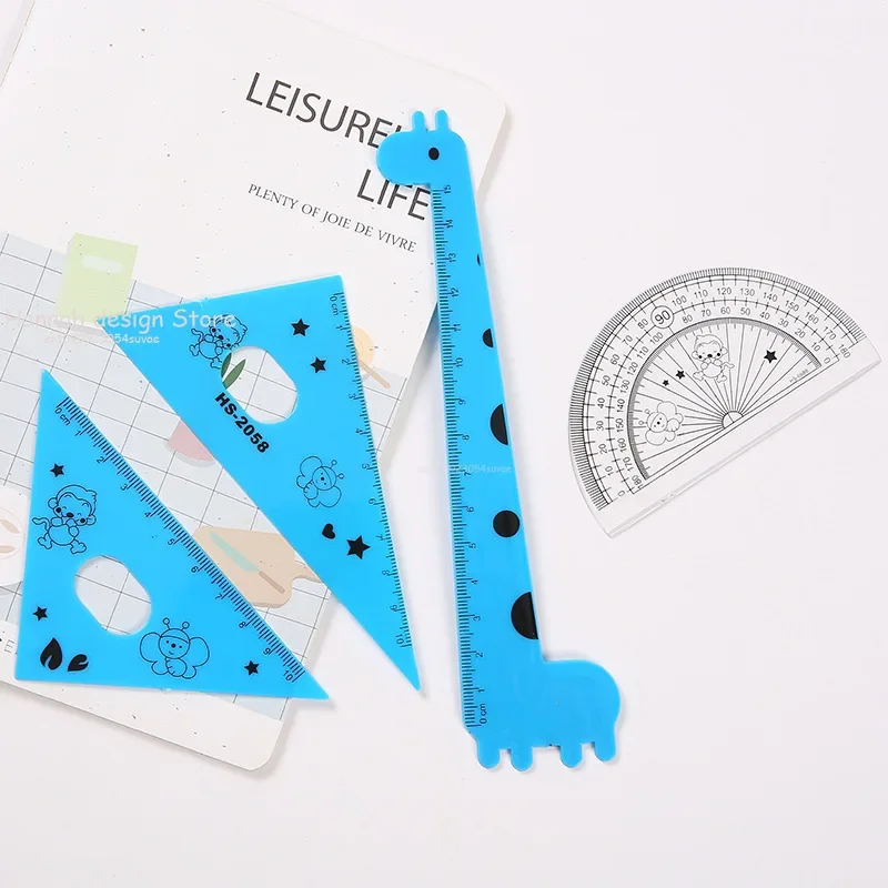 4Pcs/Set Creative Cartoon Ruler Student Learning Giraffe Four-piece Protractor Drafting Supply School Art Examination Stationery