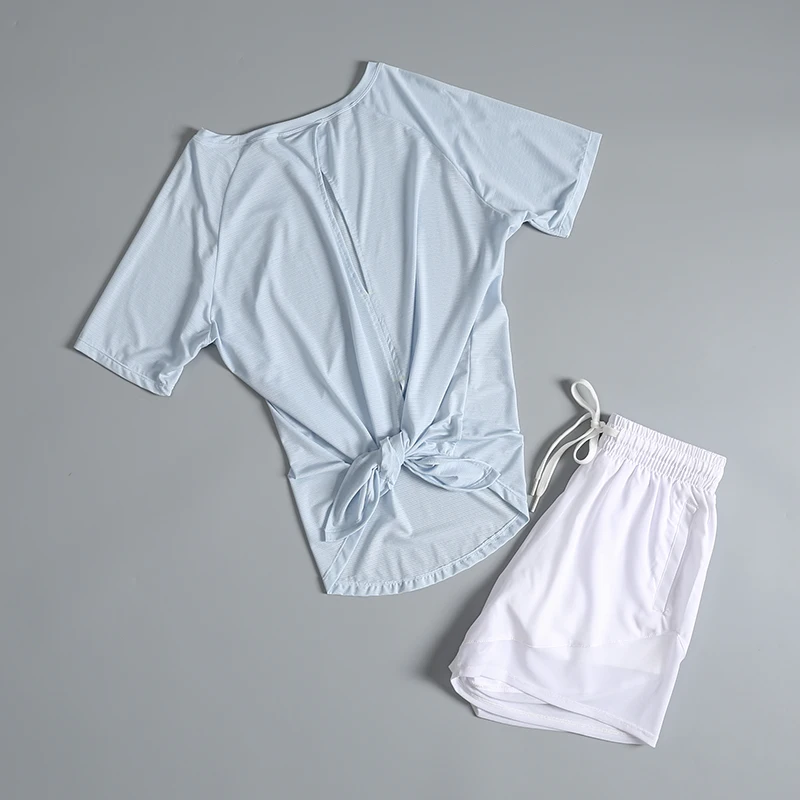 Traje deportivo para mujer, gimnasio, jogging por la mañana, top de manga corta de secado rápido, traje de yoga de Pilates de verano a la moda