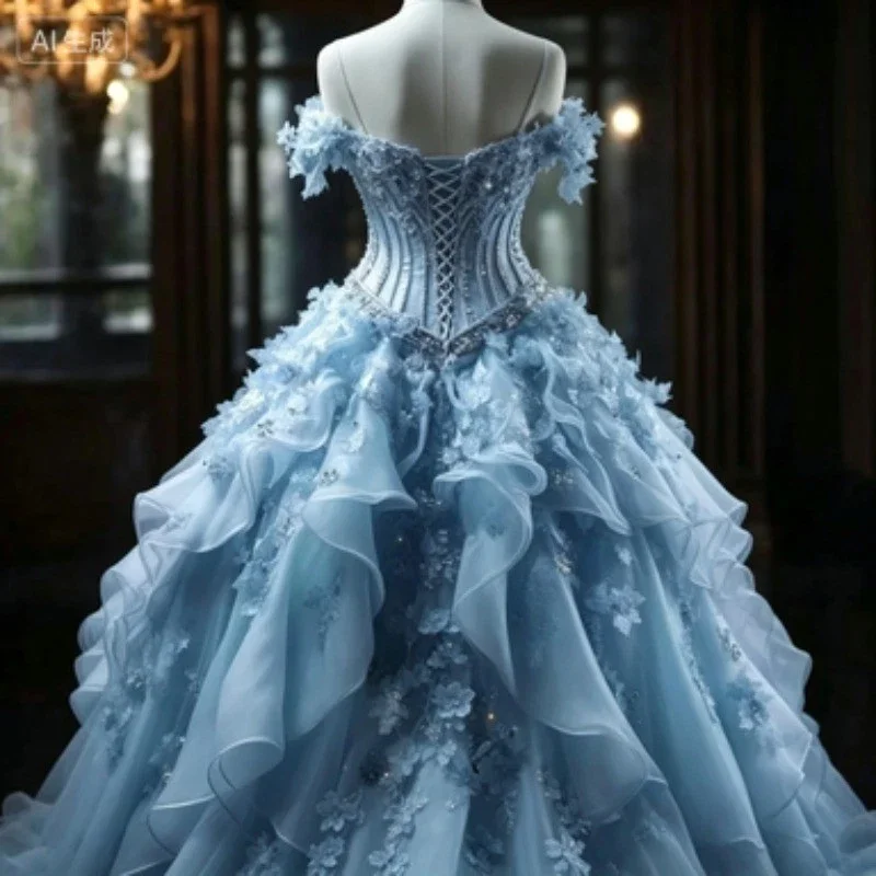 Ice Blue Off Shoulder Corset Prom Dress 3D Floral Applique Ruffle Organza Princess Formal Gown Wedding Reception Customized