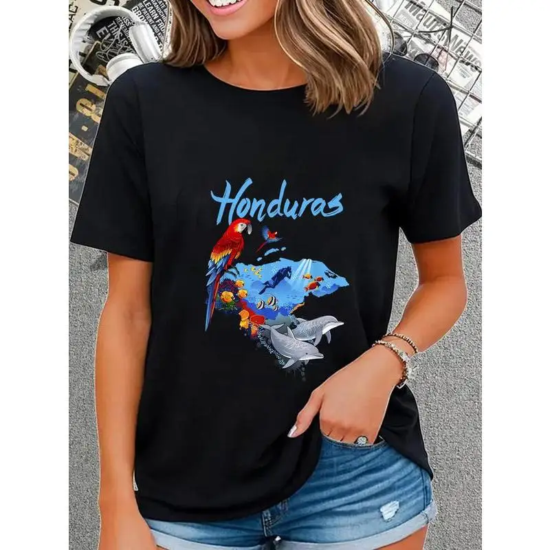 

Honduras Map T-Shirt Marine Life Macaw Print Short Sleeve Travel Souvenir Culture Casual Top Unisex