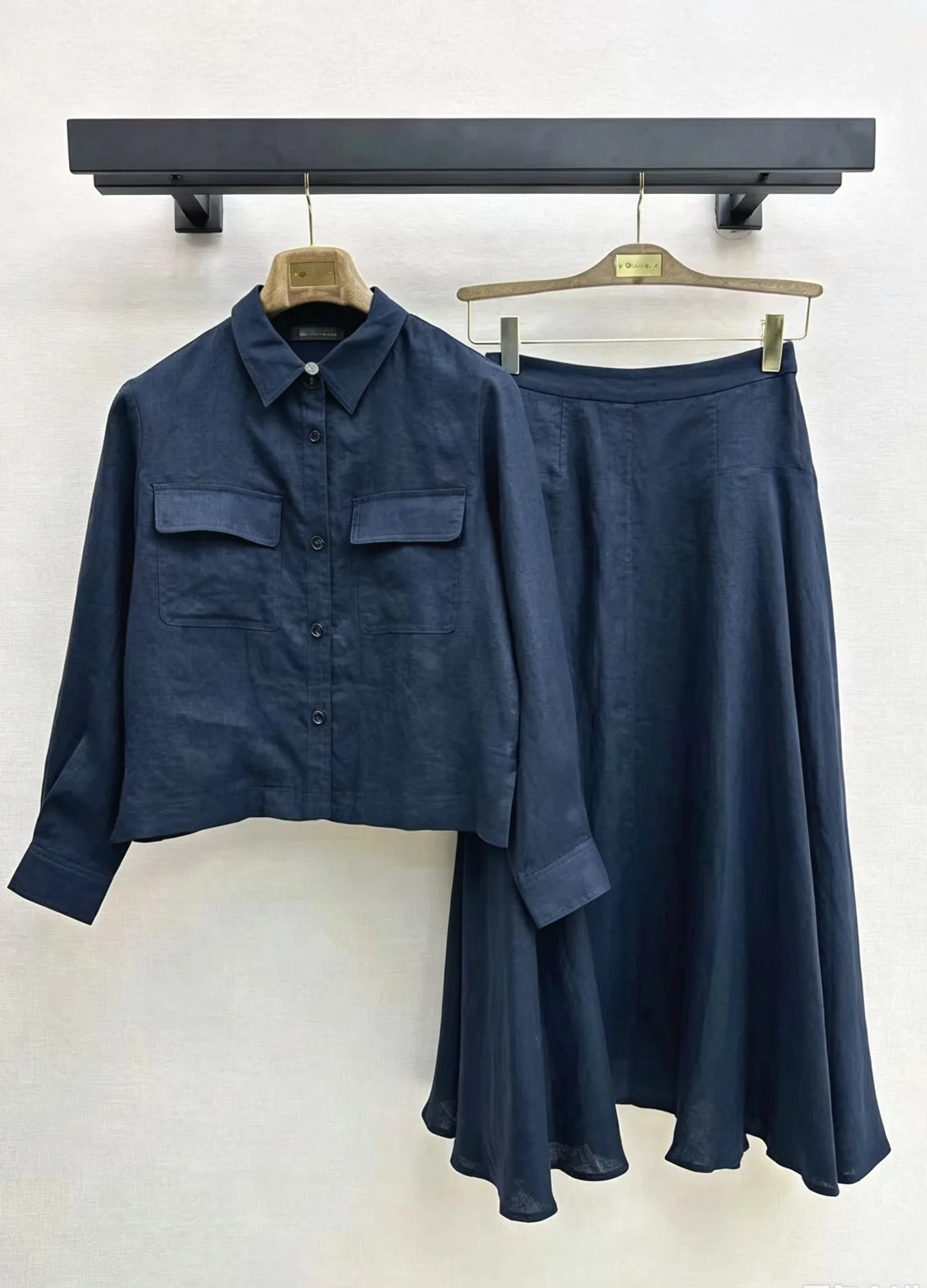Linen Cropped Cargo Pocket Shirt & Flared Midi Skirt Two-Piece Suit for Women