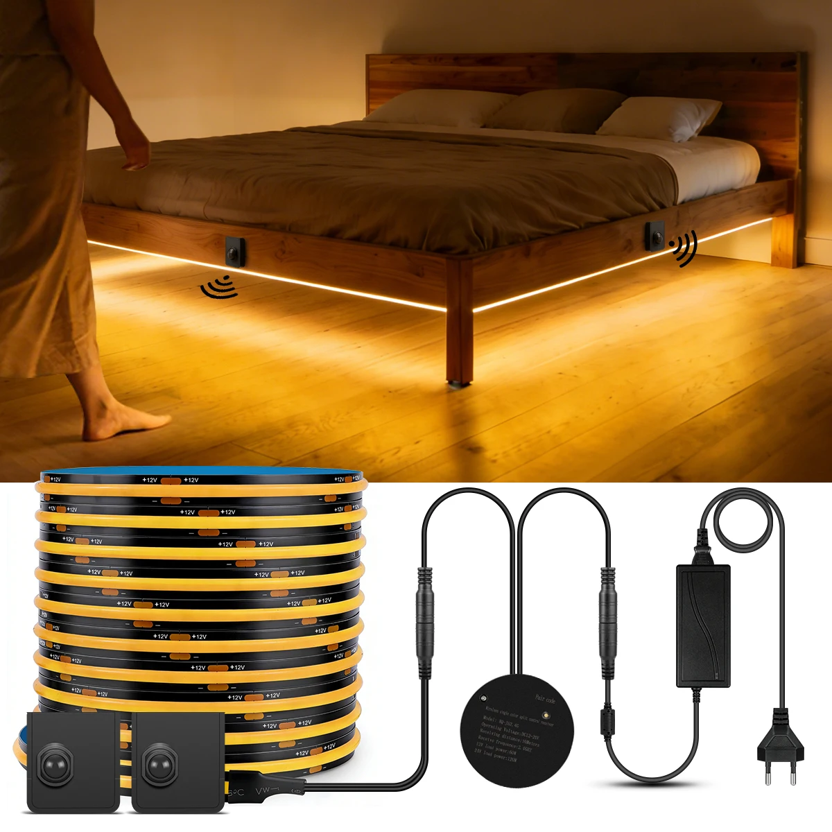 Black FPCB COB LED Strip Lights with Portable PIR Motion Sensor Switch,320LEDs/M 12V 5M 10M Lamp Tape,Stair Night Light