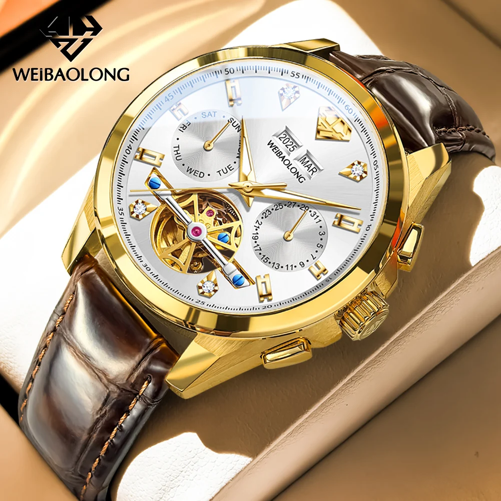

WEIBAOLONG 3806 Automatic Mechanical Men's Watch Multifunctional Flywheel Dial Waterproof Luminous Watch Real Diamond Watches