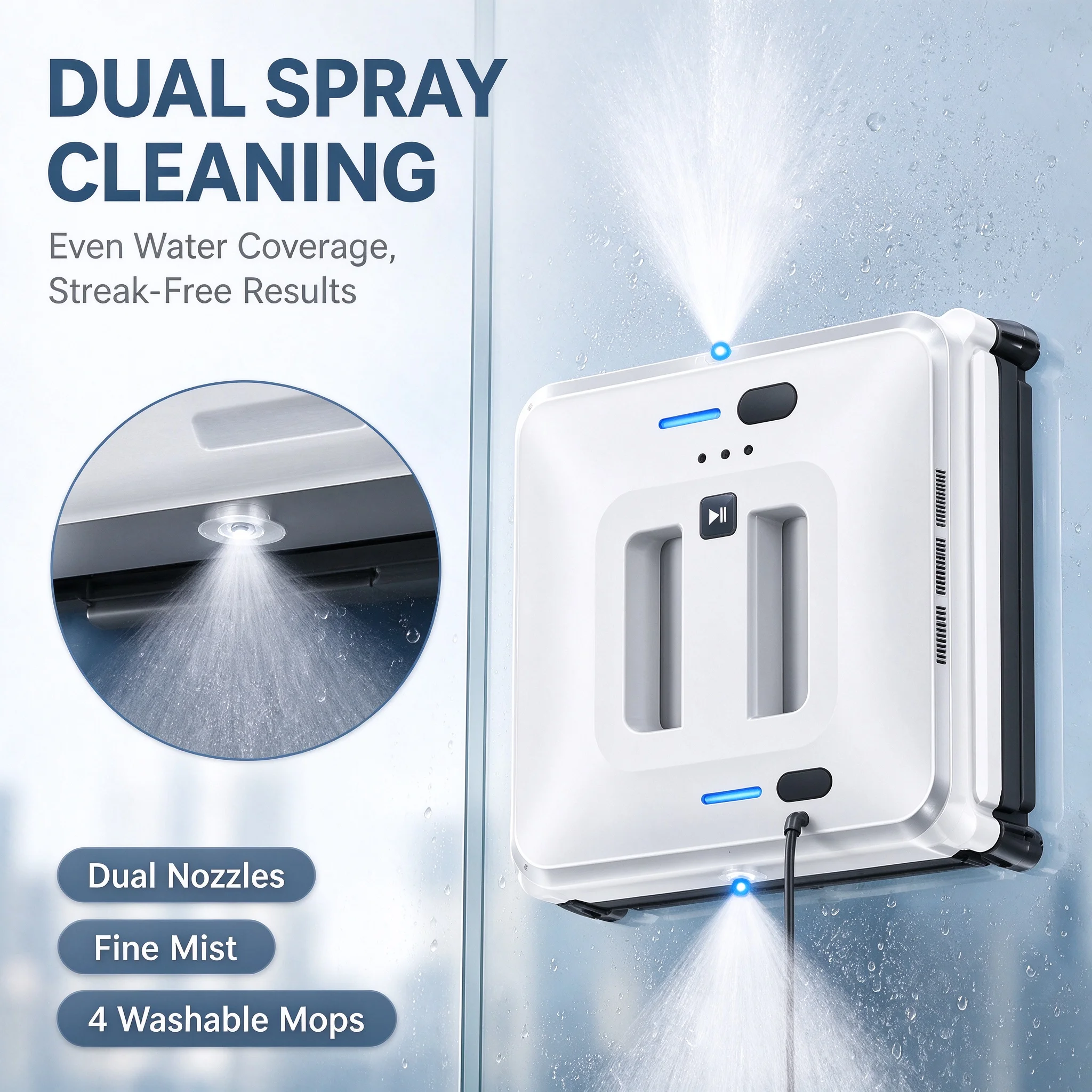 Smart Window Cleaning Robot Dual Spray Automatic White Window Washer Remote Control Anti-Fall UPS Backup for Glass Window
