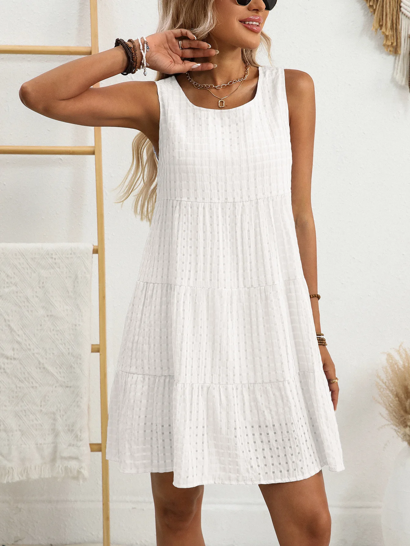 Dames Effen Kleur Gingham Mouwloze Jurk Lente Zomer Gelaagde Ruche Oogje Mini Zonnejurk Casual Boho Outfit Daten & Dagelijks