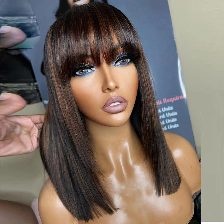 

Парик из натуральных волос с прямой шелковистой текстурой, цвета блонд с шоколадно-коричневыми оттенками, с челкой, полностью на кружевной основе, 360-градусный кружевной фронтальный парик, парик с закрытием 5x5