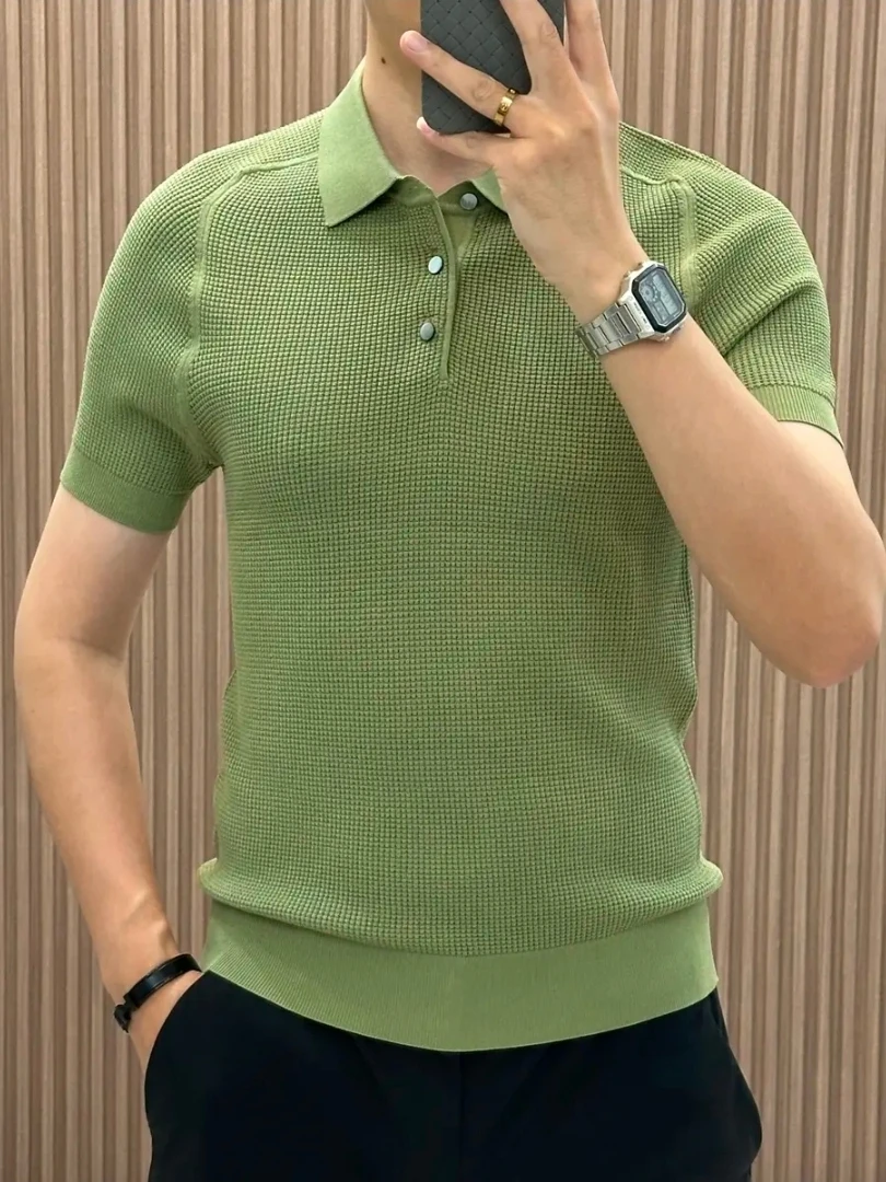 

Мужская футболка с воротником и коротким рукавом из ледяного шелка с узором «Сосна», повседневная, универсальная, удобная, модная, летняя новинка