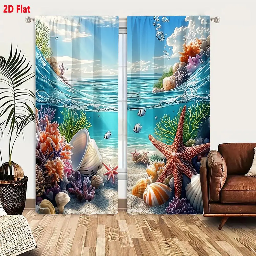 2Pcs Curtains 2D Flat Vibrant Underwater Scene With Colorful Corals Red Starfish Striped Fish And Seashells Window Drapes for Be