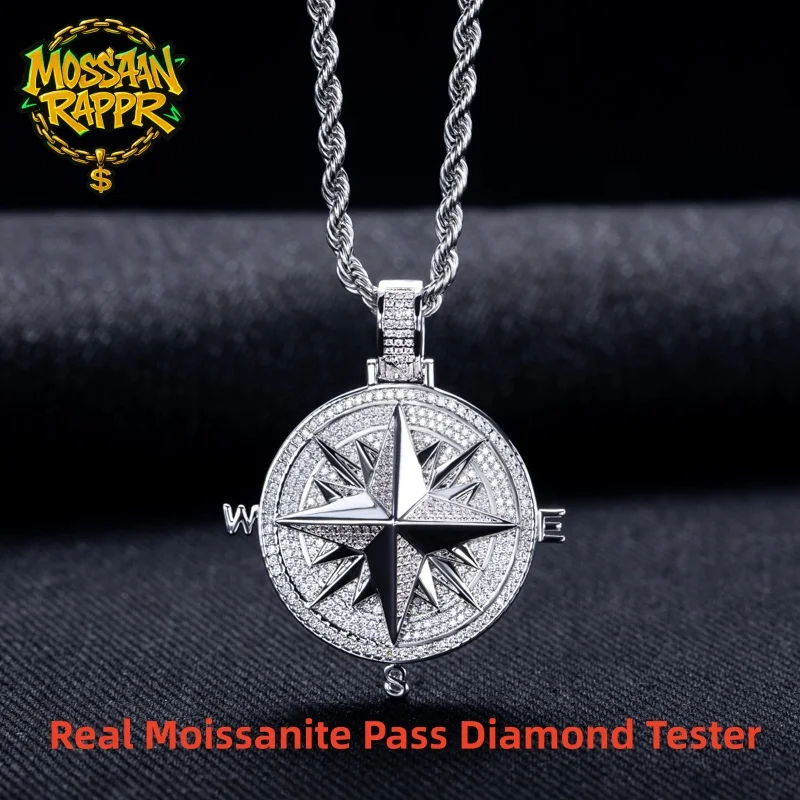 MossanRappr 1.02cttw Moissanite Iced Out Compass Pendant 14K Gold Plated Fashion Punk Hip Hop Necklace Accessory for Men Women