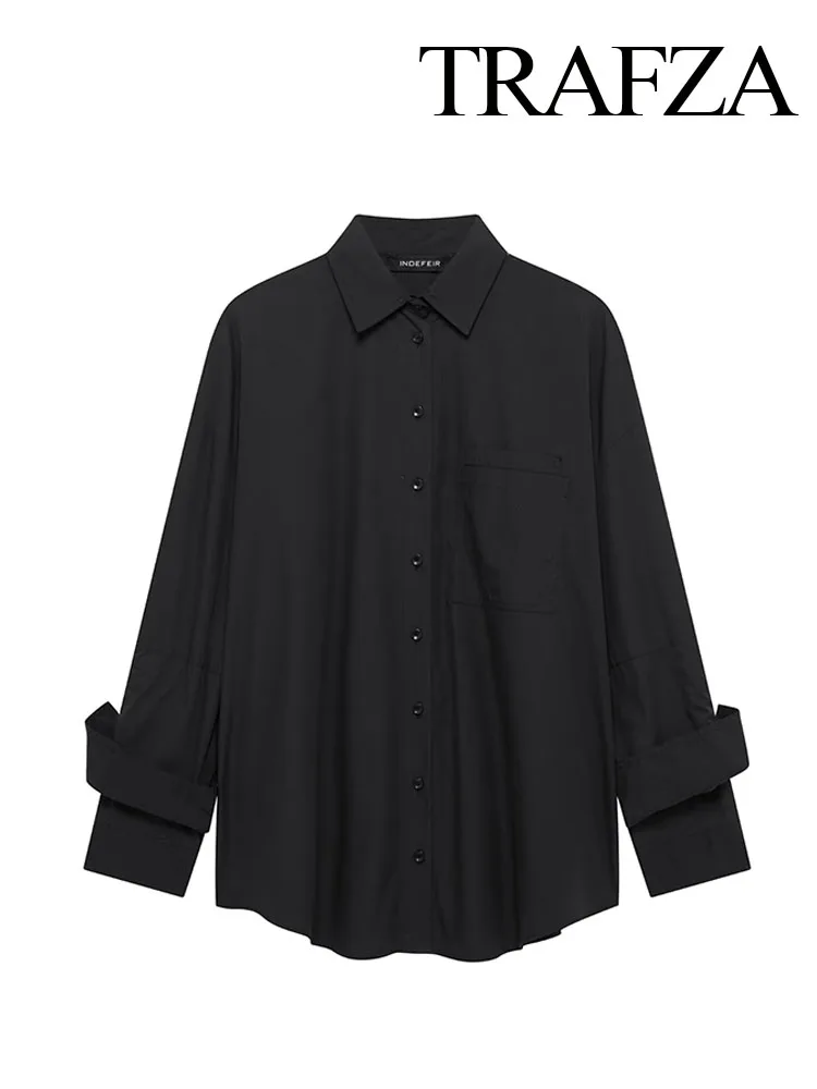 TRAFZA Women Spring Casual Shirts Black Turn-Down Collar Long Sleeve Pocket Single-Breasted Women's Fashion Loose Blouses
