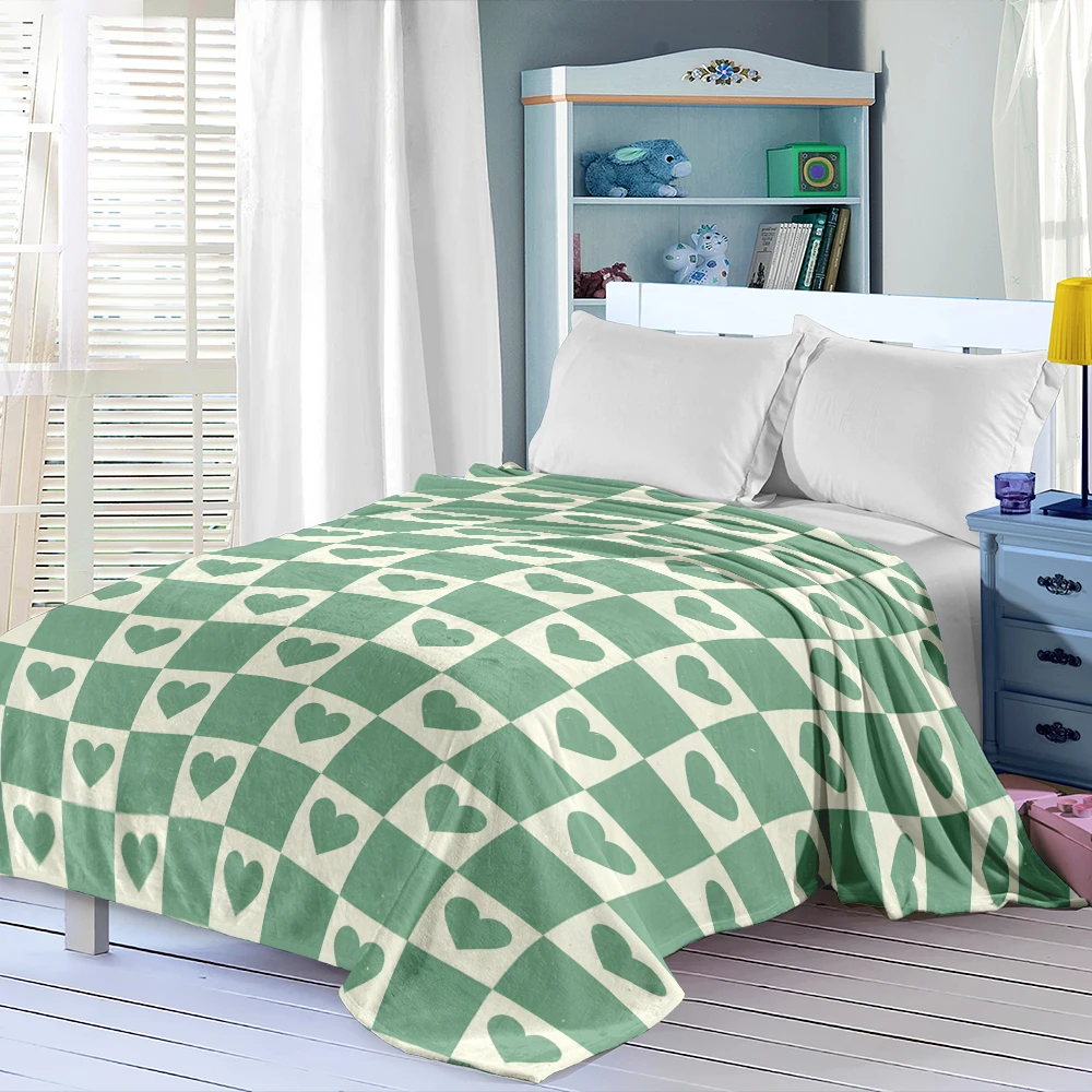 Green Warped Checker Hearts Flannel Blanket Perfect For Sofa Office Bed Travel Sleep Read Relax Camping Four Season Use