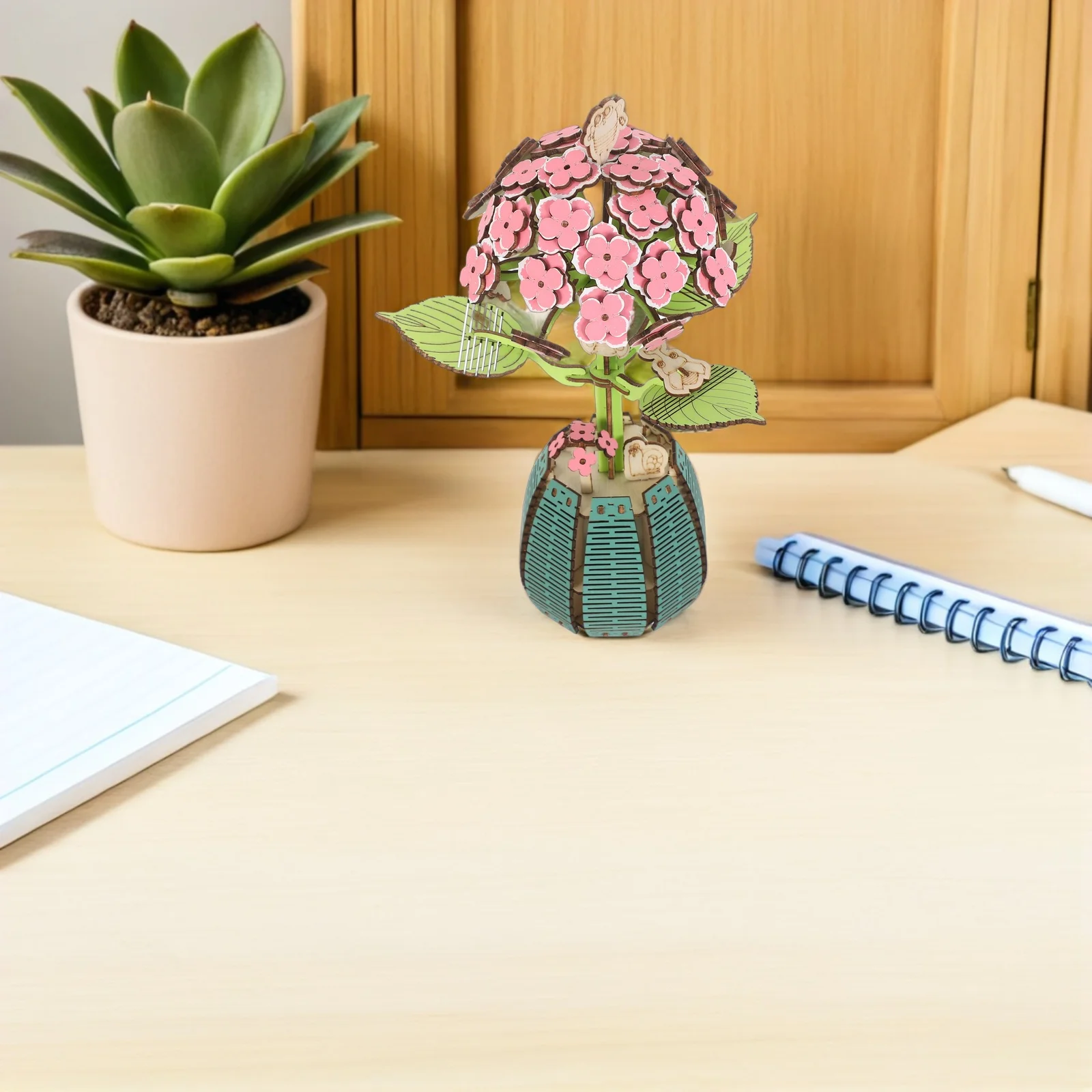 

1 комплект, деревянный букет цветов гортензии, головоломка, креативный DIY настольный цветочный декор, деревянный горшок, набор для сборки, дерево ручной работы