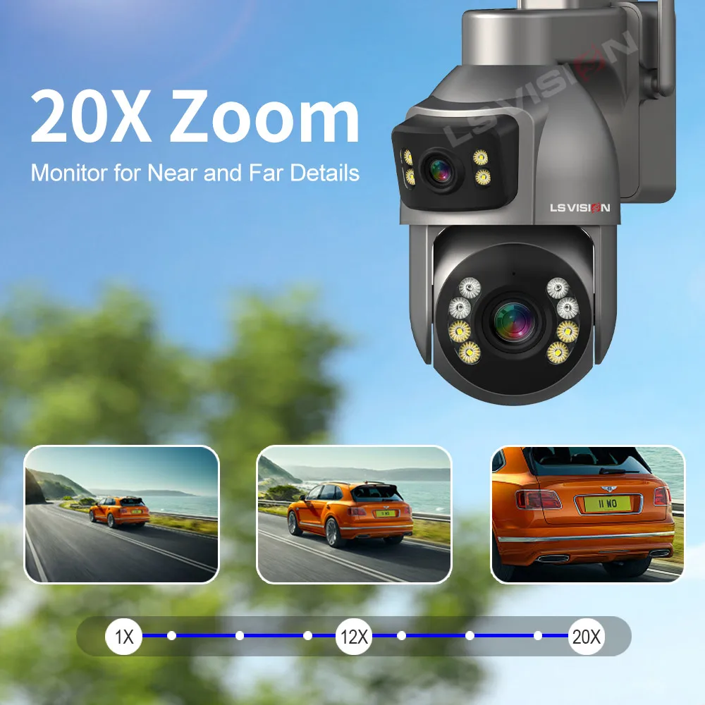 LS VISION 8MP 20X Optical Zoom 4G Dual Screen AOV Solar Camera Outdoor 4K 24/7 Recording 50m Detection Distance Security Cameras
