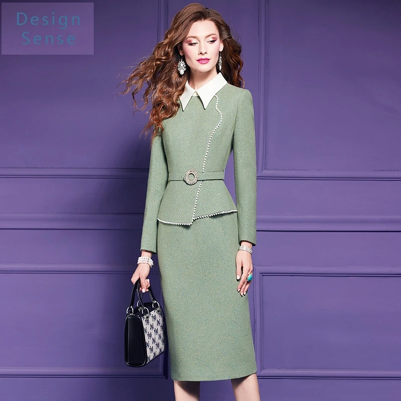 高品質の女性の通勤服ウールシャツドレス秋の新ファッションシックな高志ビーズ作業服スカート
