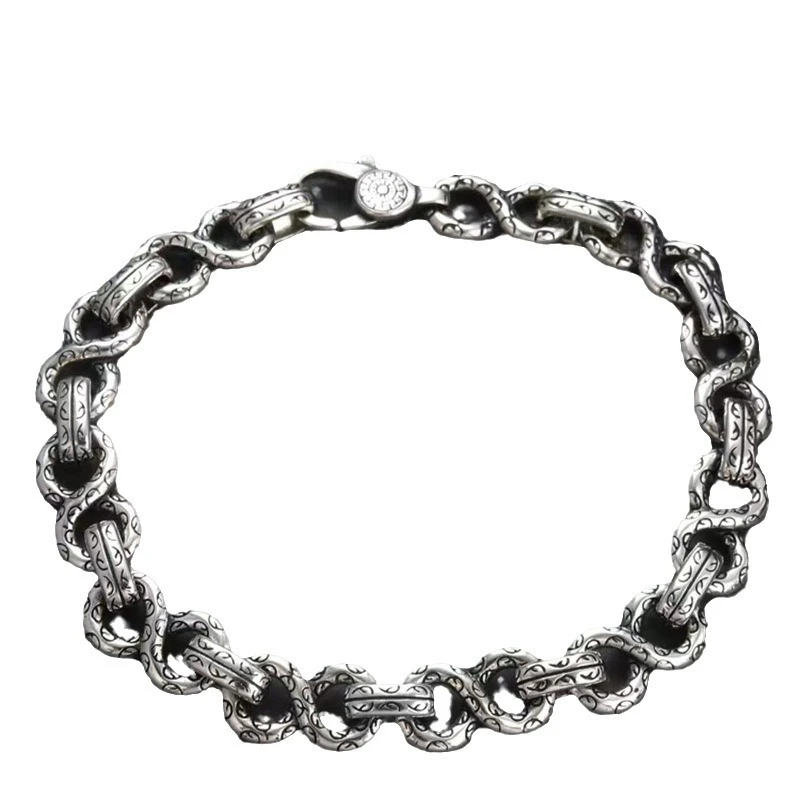 OUYADI S925 Sterling Silver Vintage Punk Tang Grass Pattern Bracelet Men Thick Inter‑link Chain Hand Ornament