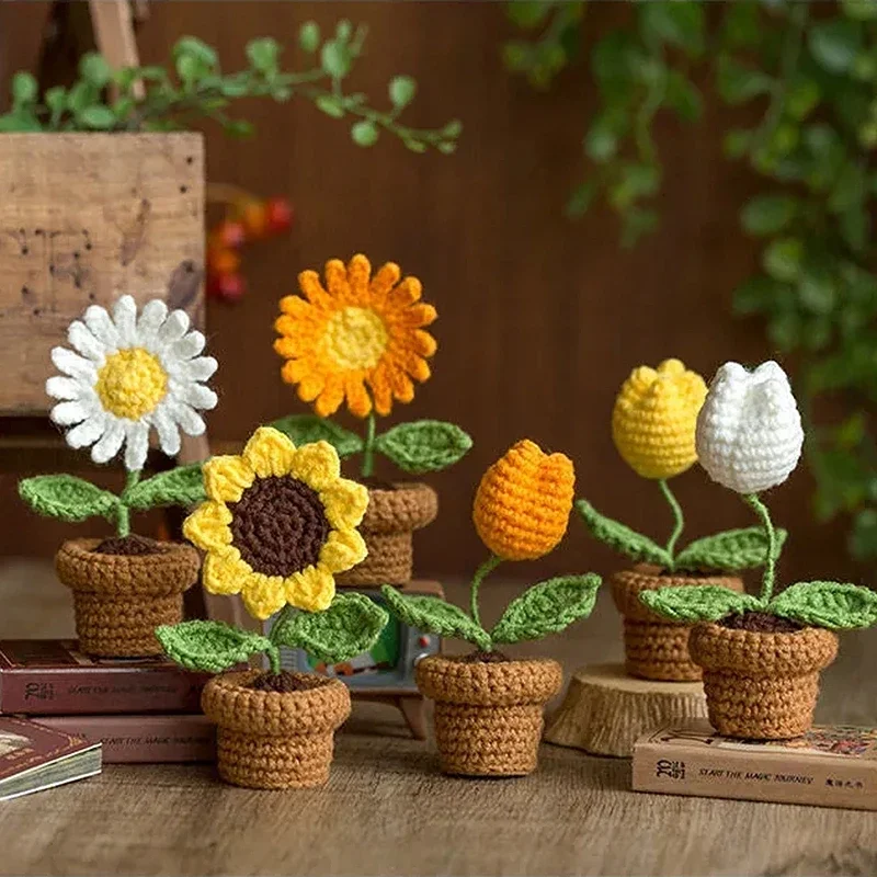 Crochet Knitting Flowers Potted Homemade Crochet Rose Tulip Daisy Office Desktop Ornaments Car Automotive Interior Decoration