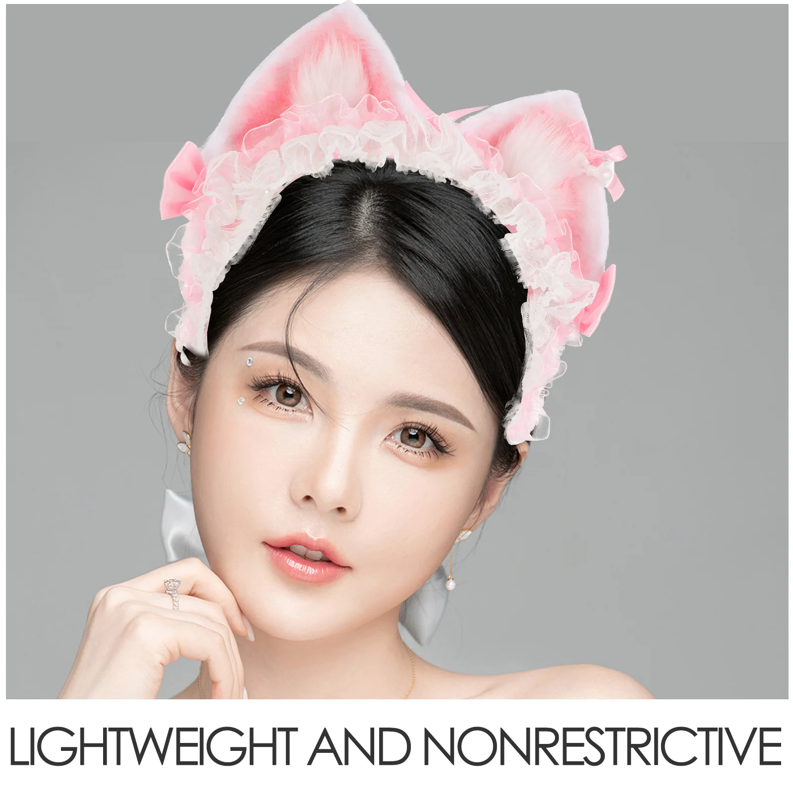 Handmade Pink Lace Cat Ears Headband Elegant Lolita Maid Hair Band Cosplay Party Headgear Cute Costume Accessory Women Girls