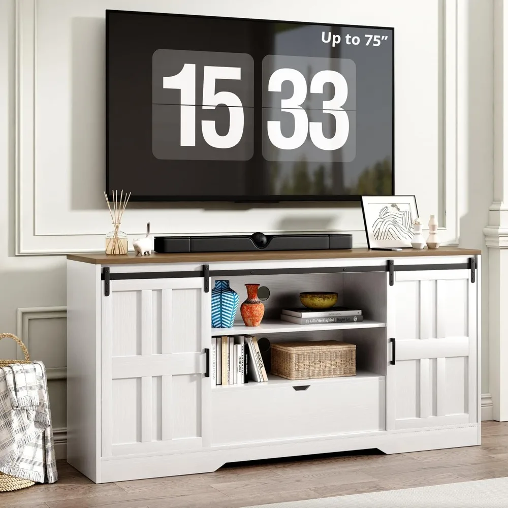

65 Farmhouse TV Stand with Sliding Barn Doors, TV Console Fits TVs up to 75 Inch, Entertainment Center with Storage for Living R