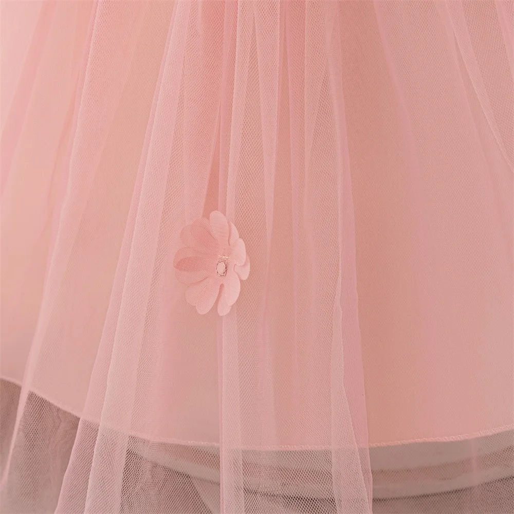 Flower Girls Wedding Party Dress Toddler Girl Pink Tulle Princess Dresses Baby Fluffy 1st Birthday Fashion Clothes New Costumes