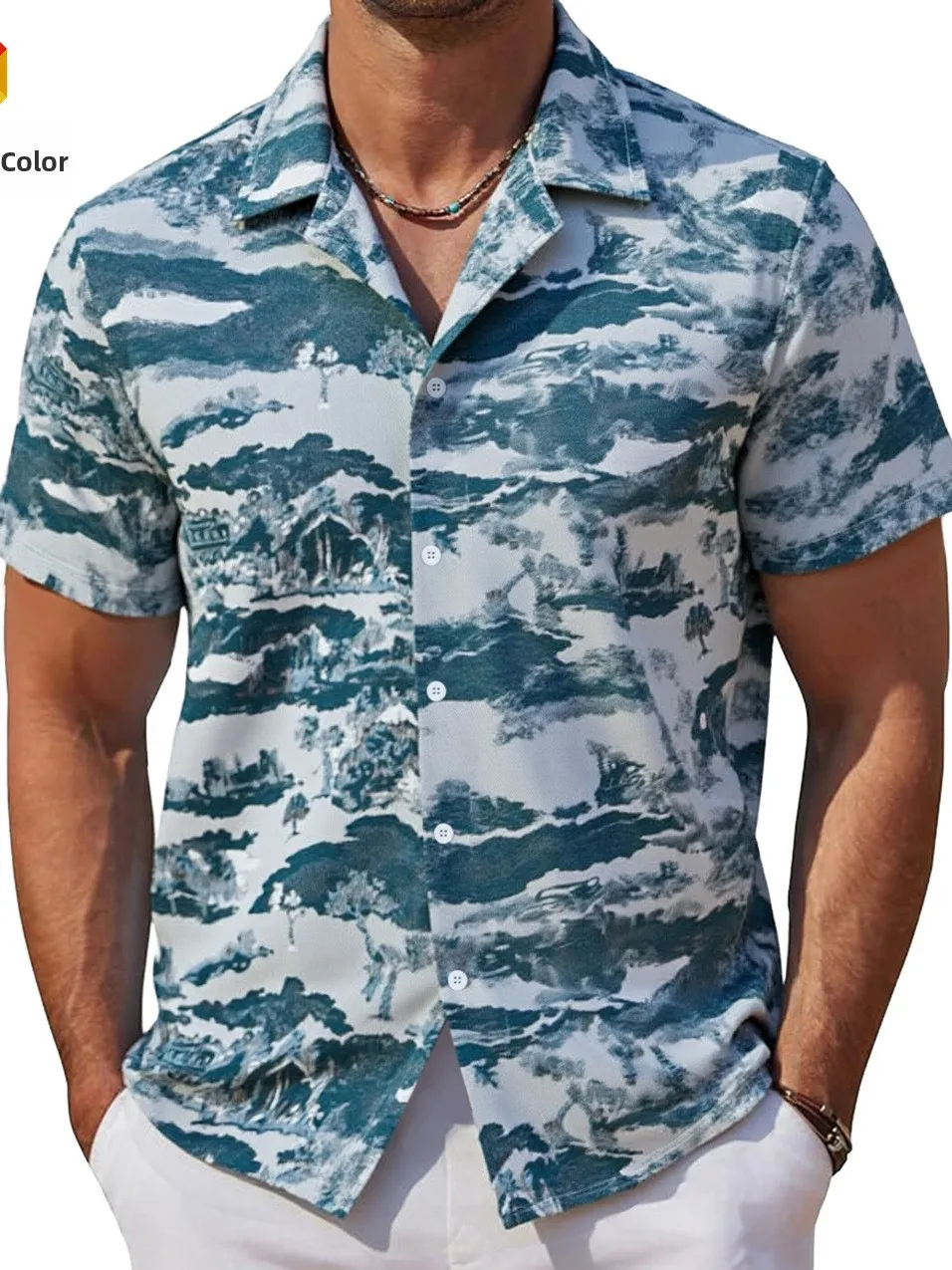 

Casual American Sle ort Sve irt Cuba Collar Men's Top Summer 2026 Polyester Thiened Fce Casual Wear