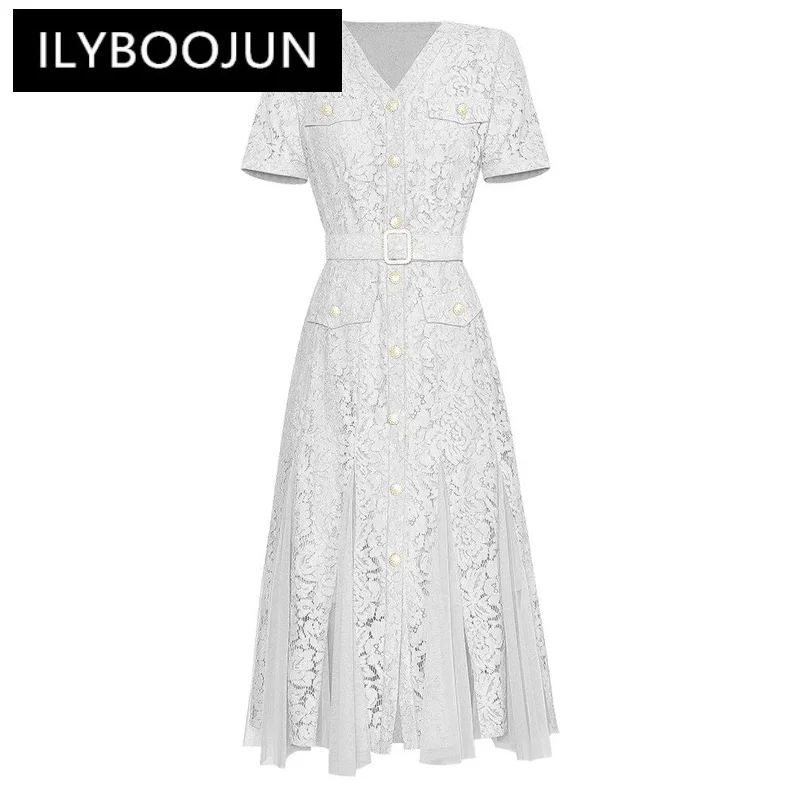 

ILYBOOJUN Fashion Designer Summer Lace Dress Women's V-Neck Short Sleeve Crystal Button Mesh Patchwork Vintage Dresses