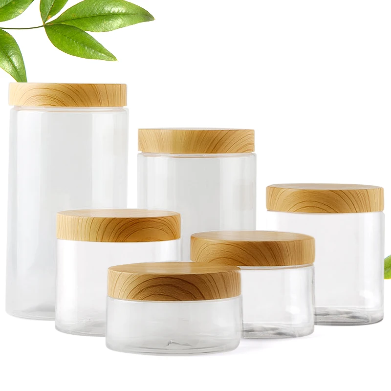100ml 200ml 300ml 500ml Puste przezroczyste słoiki dla zwierząt domowych Pojemniki z pokrywkami z imitacją drewna Słoik Domowa plastikowa butelka na przyprawy