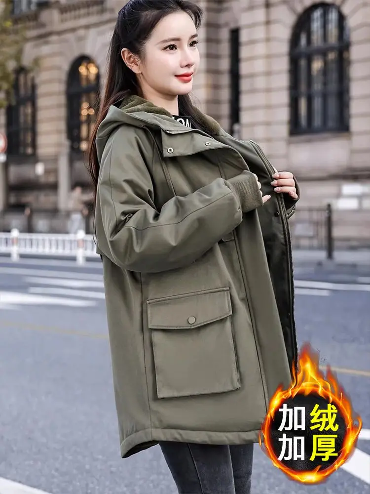 

Осень-зима, новая модная плюшевая утепленная куртка с капюшоном для женщин, хлопковая теплая парка, женская свободная повседневная длинная Ovec