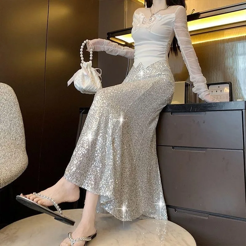 Saia de lantejoulas feminina moda coreana elástica cintura alta babados bainha uma linha y2k noite fora festa bodycon midi saia roupas