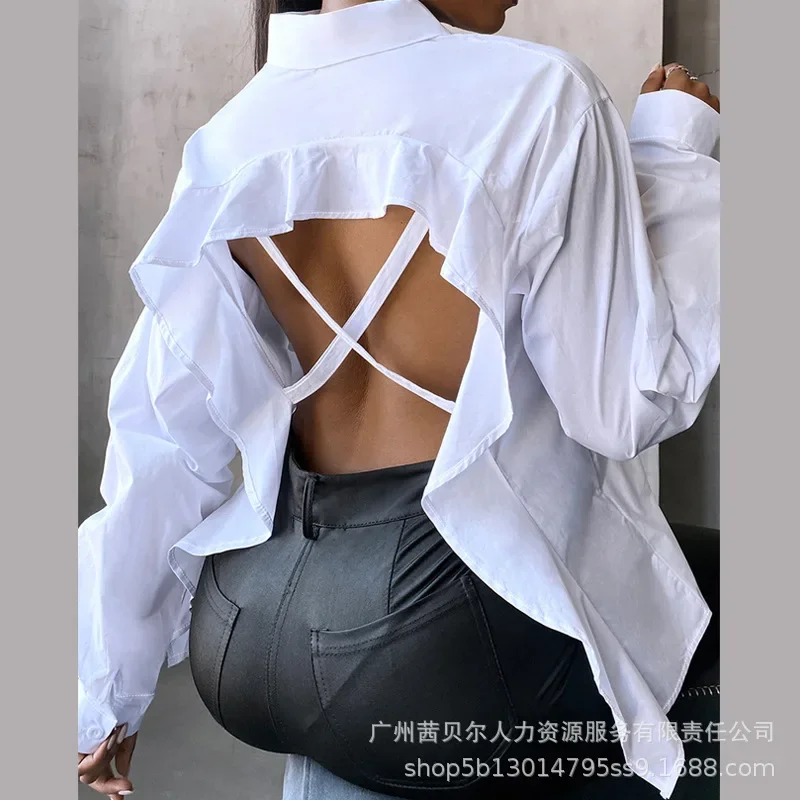 Women Sexy Shirts Backless Solid Turn Down Collar Spliced Blouses Elegant Full Sleeve Shirt Outwear Streetwear Office Lady