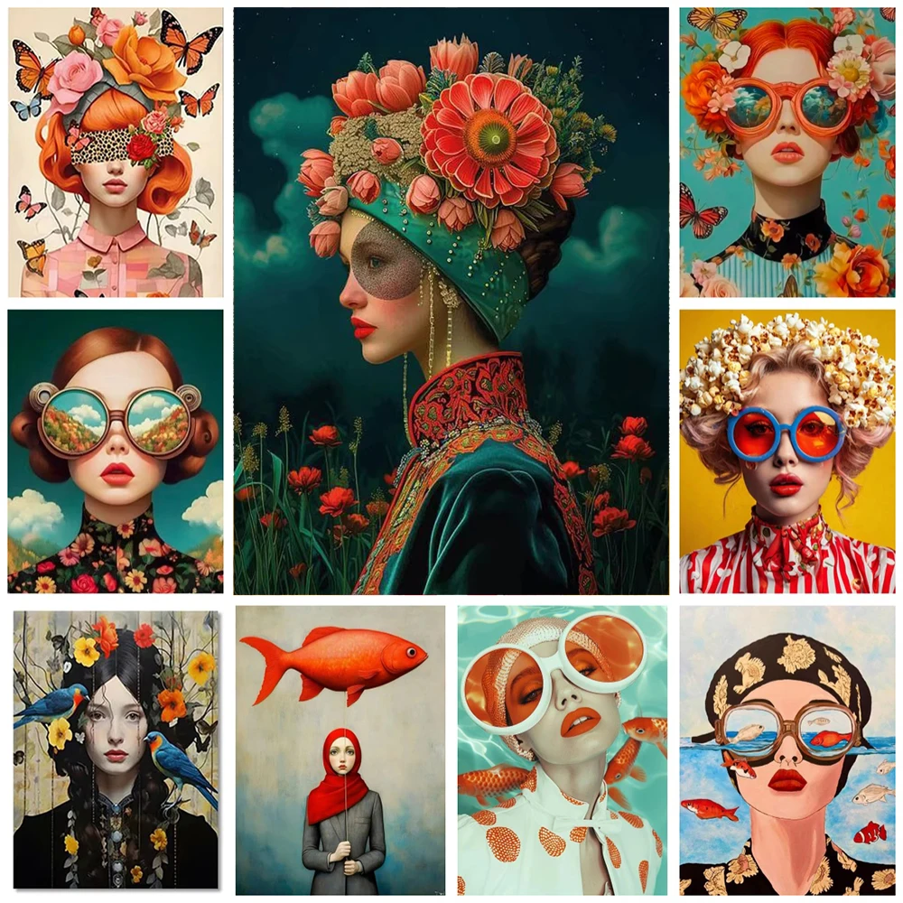 Abstract Woman Canvas Painting Surrealism Wall Art Funny Woman Portrait Poster Print for Office Bedroom Living Room Home Decor