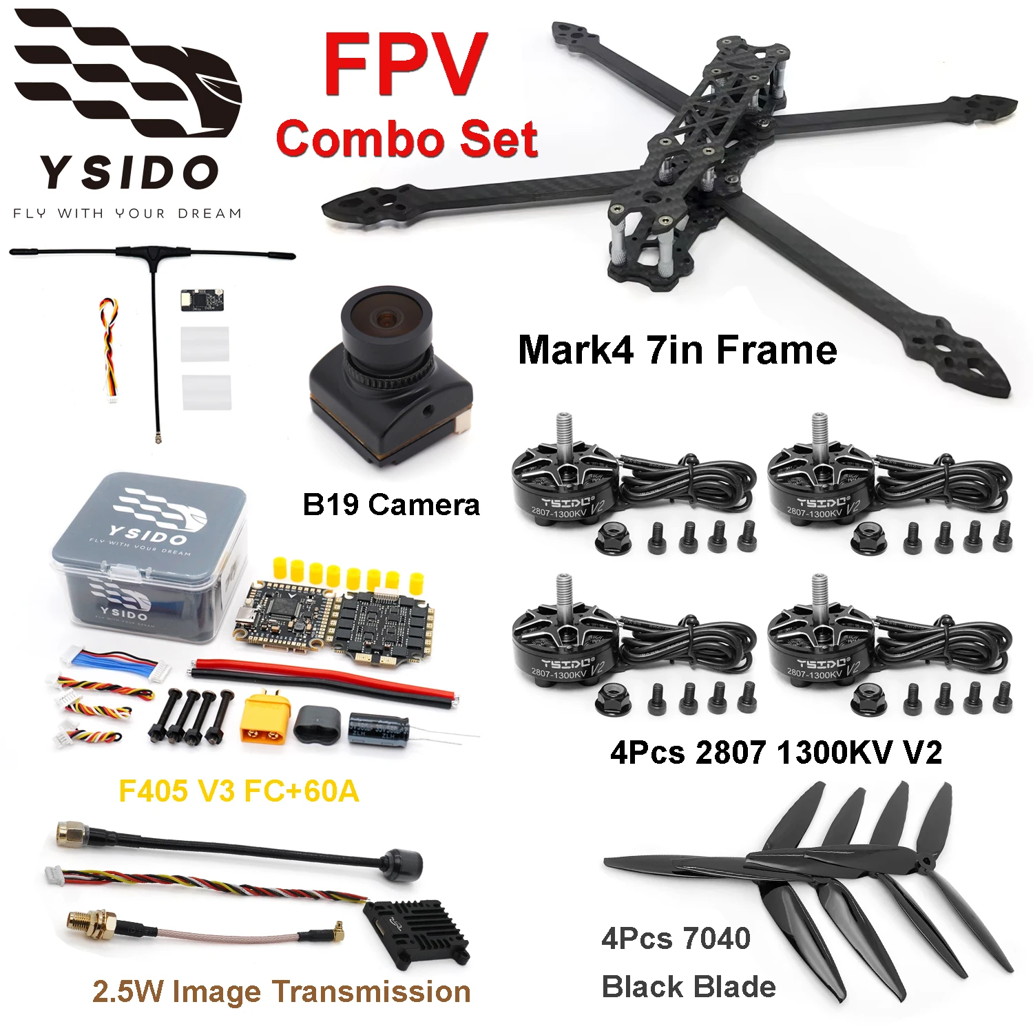 kit-telaio-ysido-mark4-7-pollici-motore-2807-1300kv-controllo-di-volo-f405-v3-esc-60a-elica-7040-telecamera-vtx-25w-drone-fpv-rc-fai-da-te