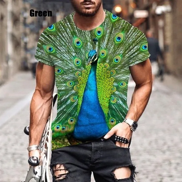 Men 3D Peacock Feather Print T‑Shirt Colorful Bird Full Image O‑Neck Short Sleeve Casual Summer Streetwear Tee Tops