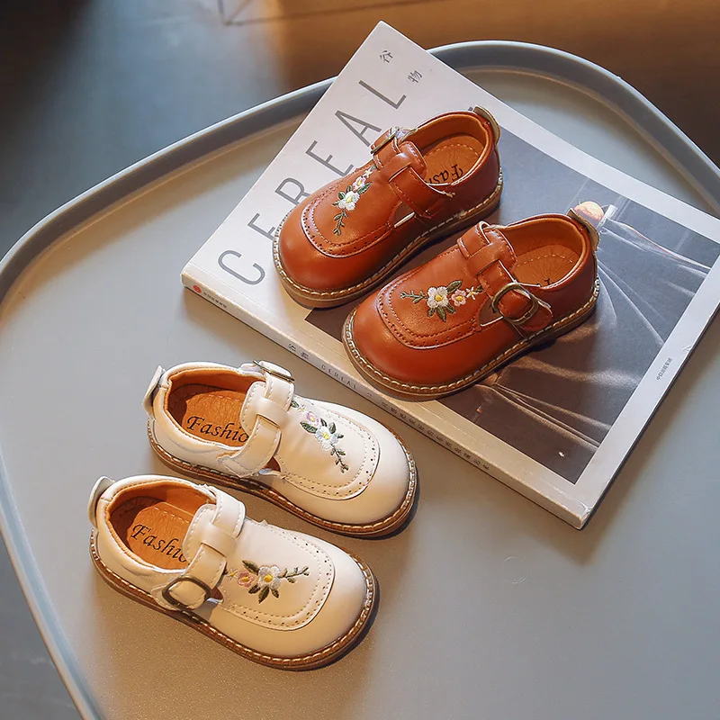 Chaussures Mary Janes brodées de fleurs pour filles, chaussures en cuir pour tout-petits, couverture vintage, Parker, confortables, enfants, bébé,