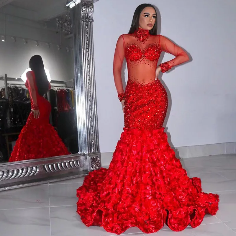 زي أحمر لامع وردة ماسية تنورة سليم صالح مثير حورية البحر خط كم طويل شفاف فستان سهرة Vestidos De Fiesta De Lujo
