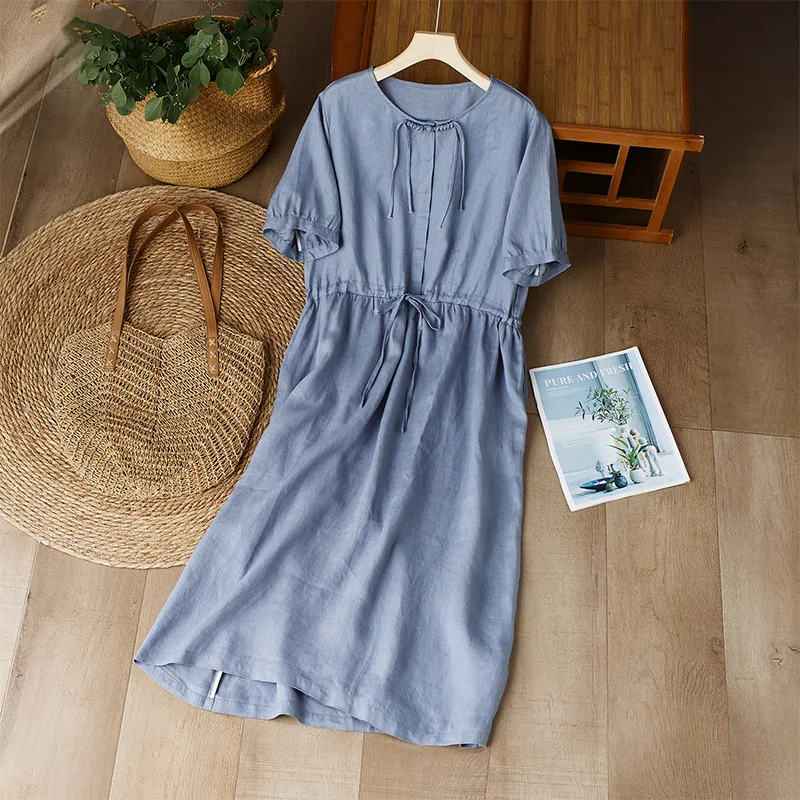 Women Cotton Linen Solid Lace Up Long Dress Vintage O Neck Casual Loose Short Sleeve Big Size Breathable Holiday Thin Robe X1438