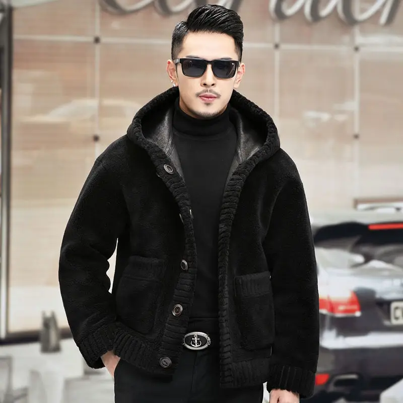 

2022 Winter Men's Fashion Double-sided Wear Hooded Coats Male Sheep Shearing Outwear Men New Genuine Wool Warm Jackets N08