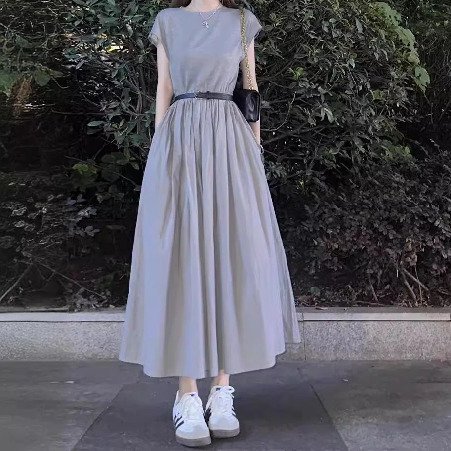 

Women Knitted Dresses A Line Solid Dress Ankle Lenth O Neck Sleeveless Waist Cinch Slim Office Lady Casual Elegant 2026 Summer