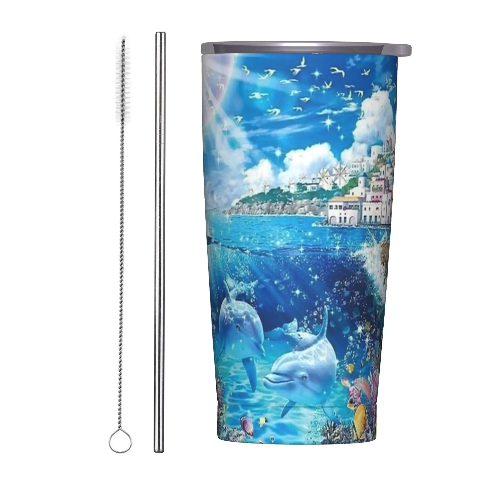 Dolphin Heaven How It Feels Insulated Tumbler with Straws Frutiger Aero Vacuum Thermal Mug Double Wall  Bottle Cups, 20oz