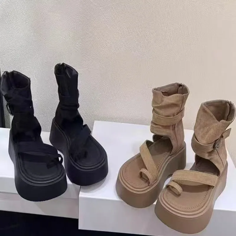 

Летние повседневные короткие ботинки на толстом каблуке с открытым носком в корейском стиле, крутые ботинки с круглым носком, модные ботинки на среднем каблуке для женщин