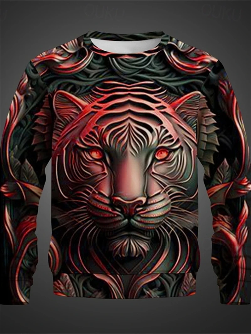 New Cool Tiger 3d Print Sweatshirts Men's Round Neck Hoodies Retro Design Trendy Tops Kids Harajuku Street Y2k Clothes Pullover