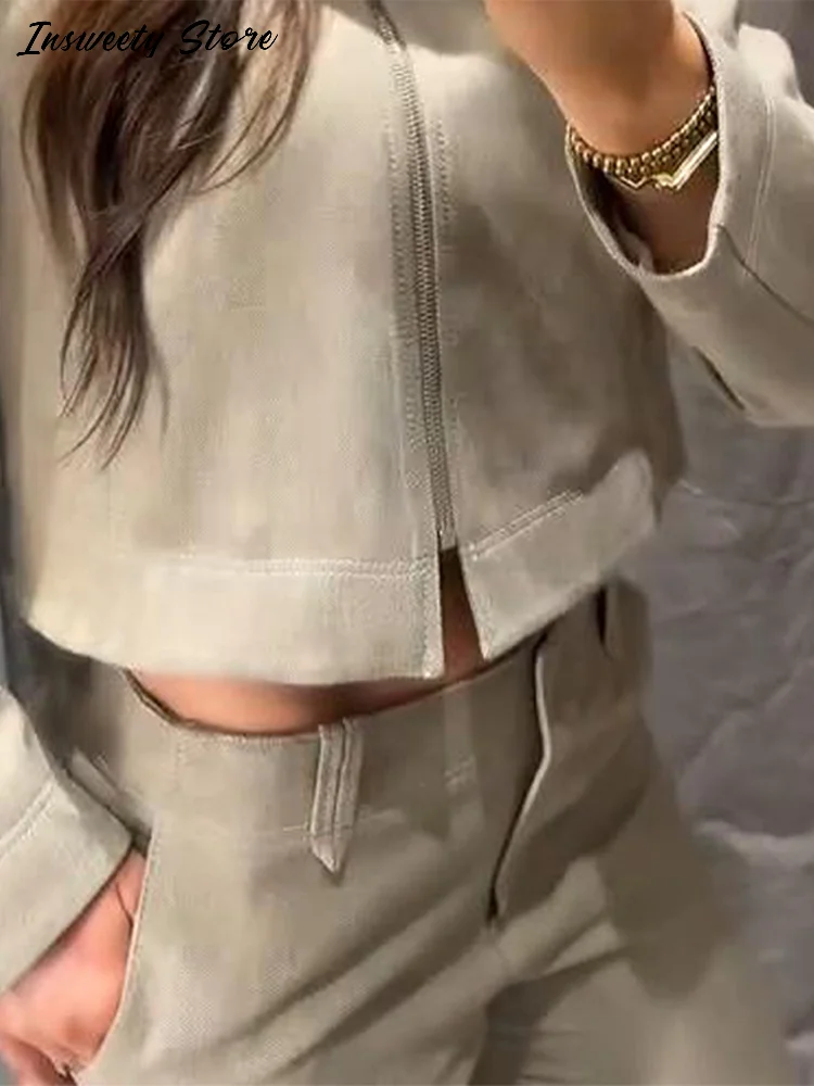 معاطف غير رسمية أطقم سراويل نسائية بياقة مقلوبة وأكمام طويلة وسحابات علوية عالية الخصر بنطلون 2025 خريف جديد بدلة أنيقة للسيدات