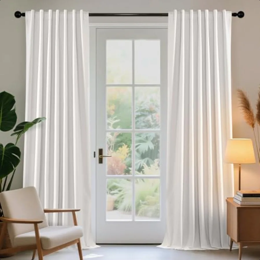

White Blackout Curtains 96 Inch 2 Panel Set Linen 100 Blackout Bedroom Curtain Rod Pocket Back Tabs Thermal Insulated Window Dr