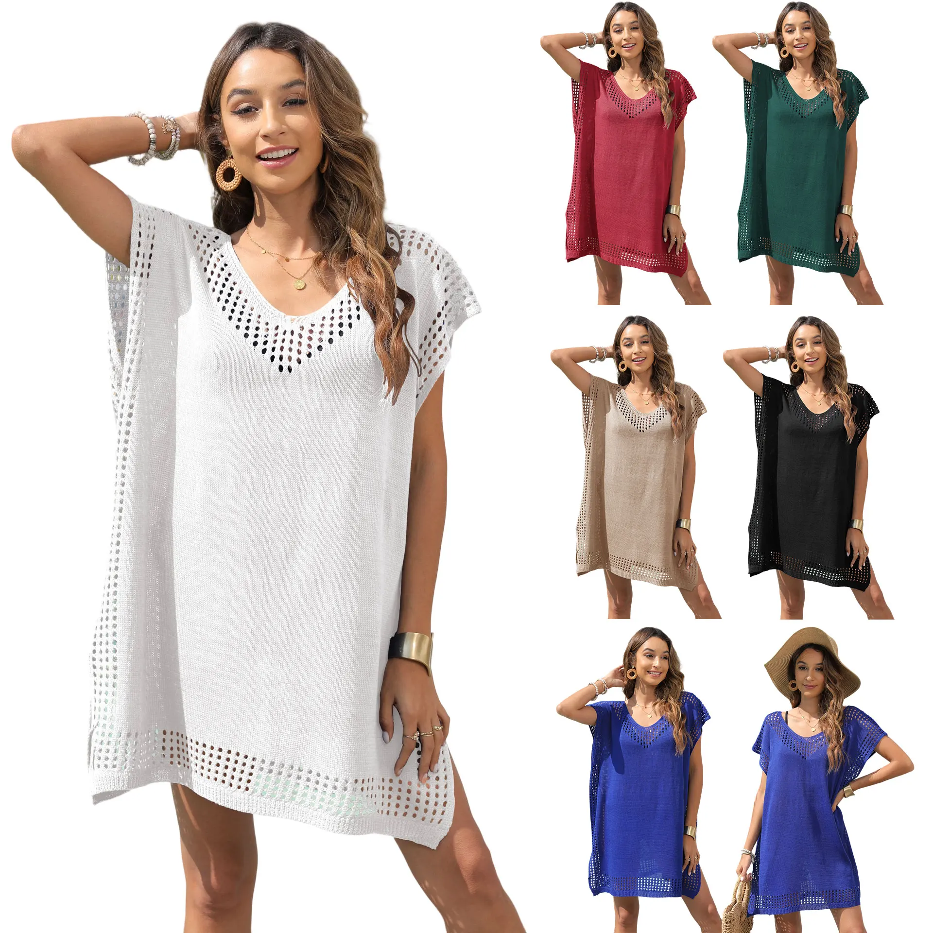 

Knitted Loose Women Bikini Cover Ups Beach Dress Hollow Out V Neck Split Summer Beachwear Tunic 6 Pure Color