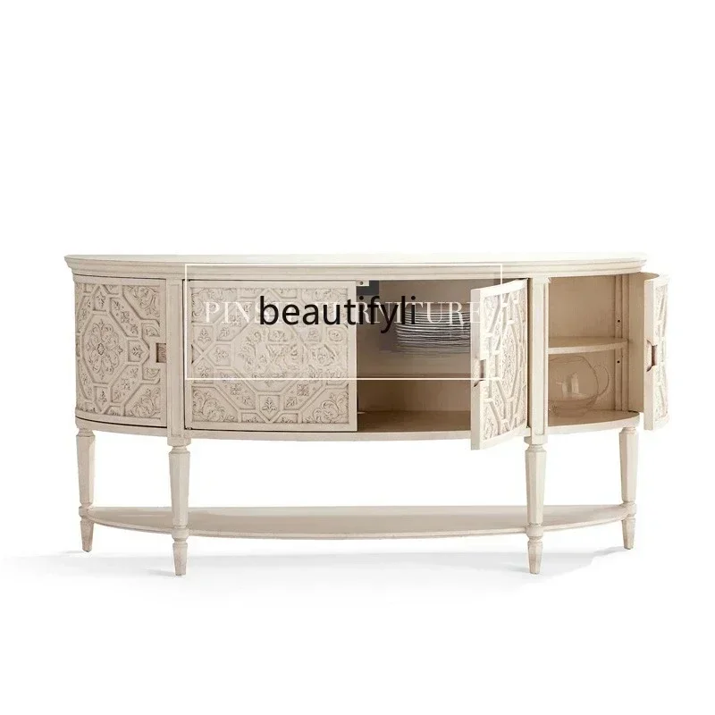 X American foyer entrance cabinet solid wood carving flower semi-circular dining side cabinet against the wall wine cabinet