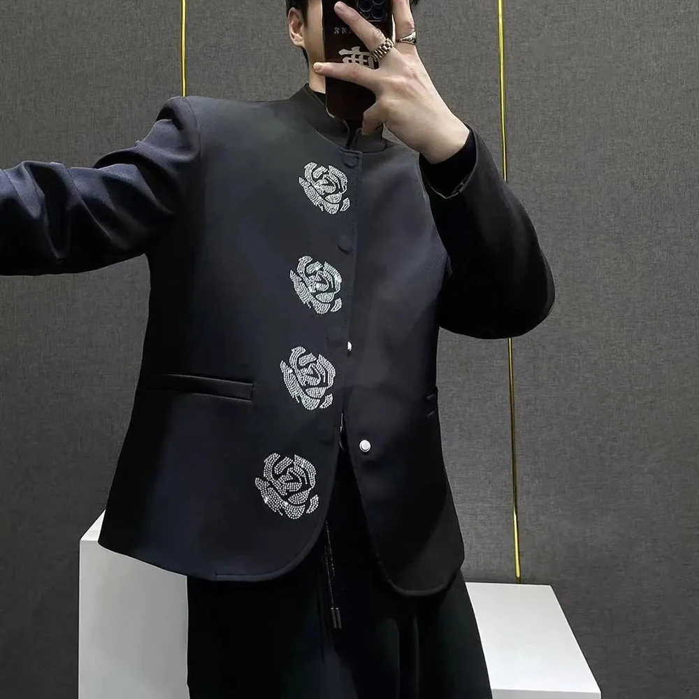 

Men Floral Rhinestone Niche Nightclub Padded Shoulder Suit Jacket Streetwear Fashion Youth Y2k Outerwear Men'S Clothing 2026 New