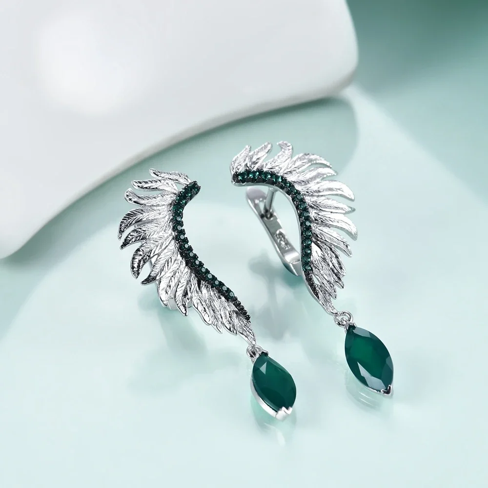 GEM\'S BALLET Angel Wings Feather 925 Sterling Silver Earrings For Women Jewelry Anniversary Gift Natural Green Agate Amethyst