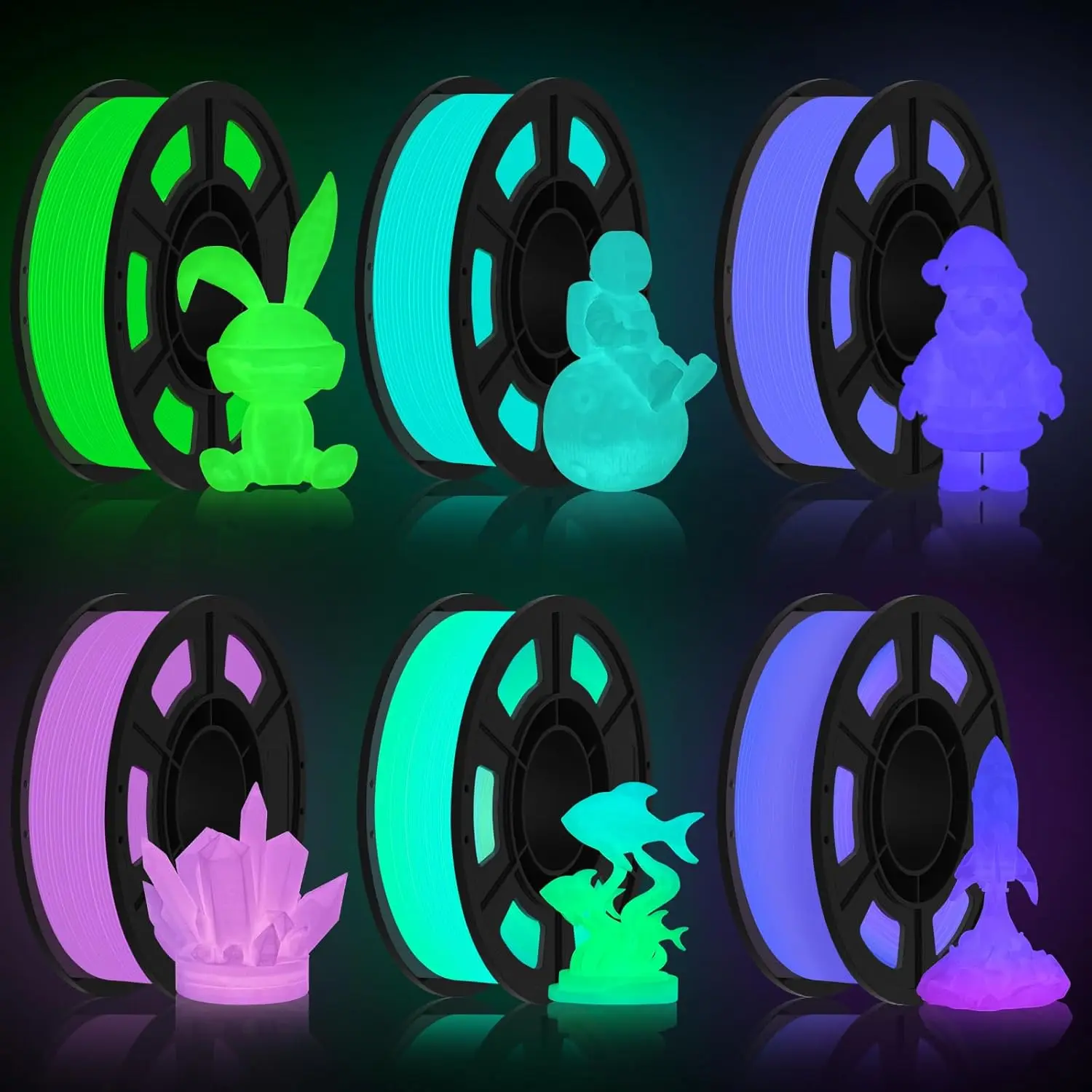 

Glow in The Dark PLA Filament 1.75mm, 6 Colors Bundle, 250g×6 Pack for 3D Printing